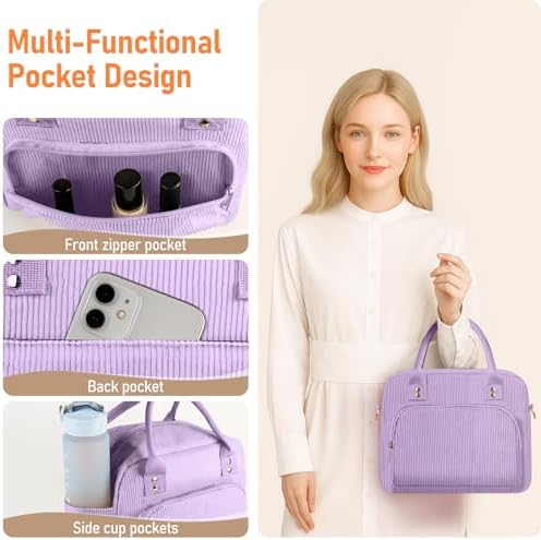 Lunch Bag Large Insulated Lunch Box for Women Men Adult Cute Purple Lunchbox Corduroy Lunch Bags Boxes Pail with Adjustable Shoulder Strap for Work Mom Picnic Office Travel 11.4×6.8×9.1 inches 11.5L