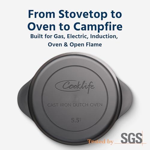 COOKLIFE 5.5 Quart Lightweight Pre-Seasoned Cast Iron Dutch Oven with Lid - Smooth Polished Surface, Easy to Clean Cast Iron Pot Use in the Oven, on the Stove or Grill, Over a Campfire