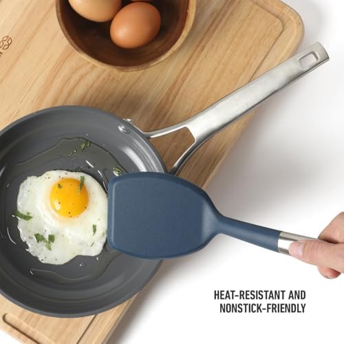 Calphalon Prime Solid Turner, Cooking Spatula, Kitchen Spatula, Stainless Steel Turner with Navy Silicone Head, Heat Resistant for Nonstick Cookware, Ergonomic Handle for Easy Turning