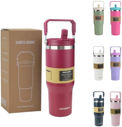 30oz Flip Straw Insulated Water Bottle with Handle, Leak Proof Stainless Steel Travel Tumbler With Lid, Double Wall Vacuum Iced Coffee Travel Mug, Sport Cup, Outside use