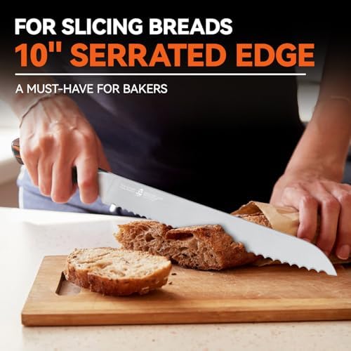 TUO Bread Knife, 10 inch Upgraded Serrated Knife for Homemade Sourdough Bread, High Carbon German Steel with Pakkawood Handle, Gift Box - Fiery Phoenix Series