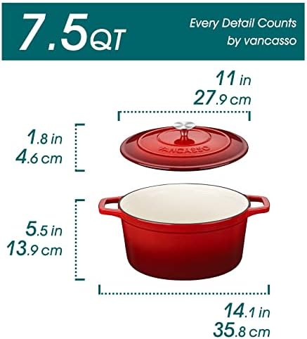 vancasso 7.5 Qt Round Enameled Cast Iron Dutch Oven with Lid, Red