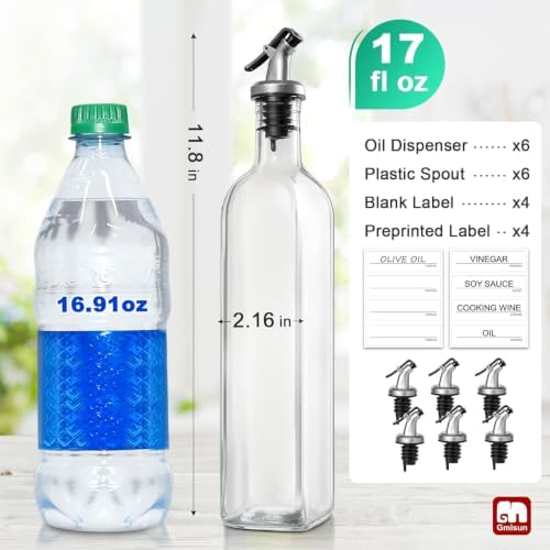 gmisun Olive Oil Dispenser Bottle for Kitchen, 6 Pack 17 Fl Oz Glass Oil Dispensers Bottles, Clear Cooking Vegetable Oil Dispenser Container Cruet Set with Plastic Pourer Spout, Funnel and Labels