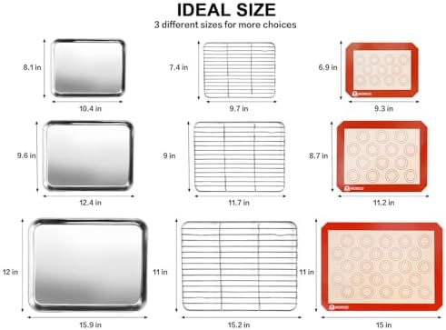Stainless Steel Baking Sheet Tray Cooling Rack with Silicone Baking Mat Set, Cookie Pan with Cooling Rack, Set of 9 (3 Sheets + 3 Racks + 3 Mats), 10/12/16 Inch, Easy Clean (Pack of 2)