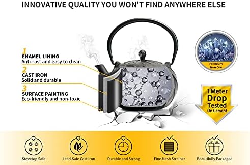 Tea Kettle, TOPTIER Japanese Cast Iron Teapot with Infuser, Cast Iron Tea Kettle Stovetop Safe, Wave Design Teapot Coated with Enameled Interior for 30 Ounce (900 ml), Midnight Black