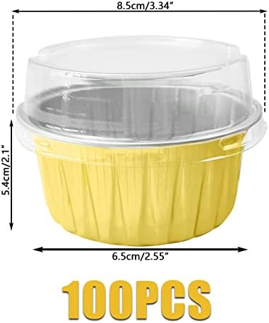 100Pcs Aluminum Cups with Lids,5oz Disposable Ramekin Baking Cups Muffin Liners Mini Pie Pans Foil Cupcake Containers for Christmas Party Wedding Party,Gold