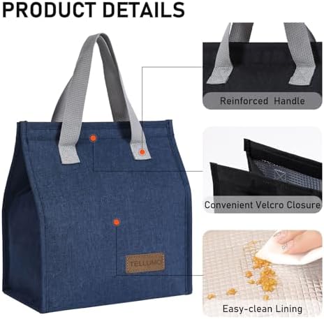 TELLUMO Insulated Lunch Bag for Men Women, Large Reusable Leakproof Lunch Box Container, Small Portable Thermal Snack Bag, Reusable Travel Office Work Beach Cooler Tote Bag for Adults, Blue