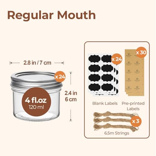 ComSaf 4 oz Mason Jars Bulk Set, 24 Pack Regular Mouth Jars with Lids