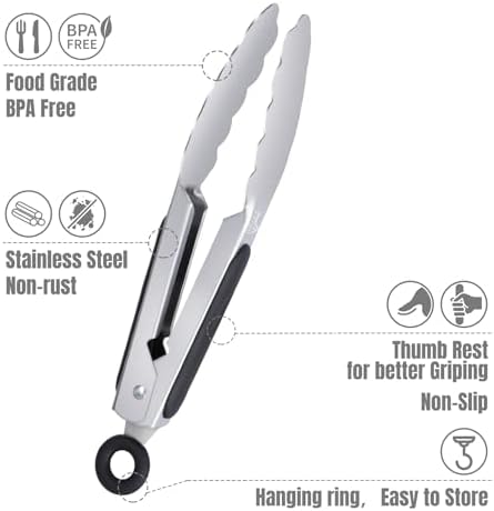 Hotec Mini Stainless Steel Kitchen Tongs for Cooking - 7-Inch Small Serving Tongs Metal Food Tongs Non-Slip Grip