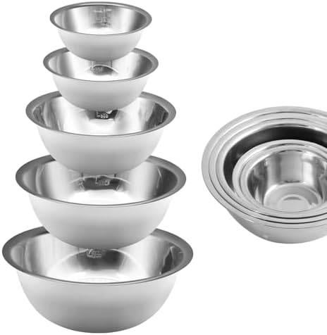 Mixing Bowl Set of 5, Stainless Steel Mixing Bowls, Nesting Whisking Bowl Set for Cooking, Baking, Serving, Food/Salad Prep