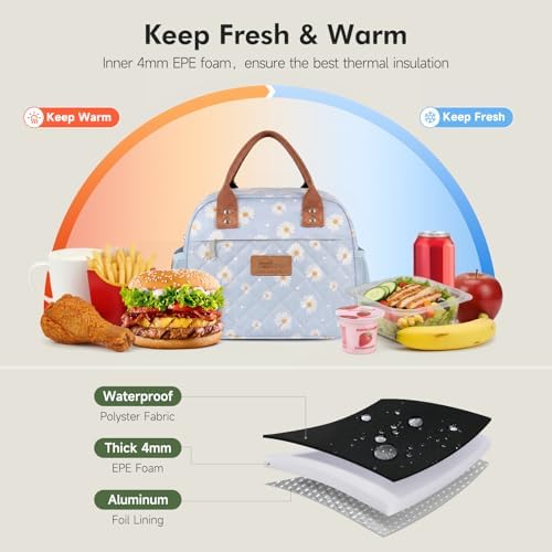 HOMESPON Insulated Lunch Bag for Women Men, Cooler Tote Box, Blue Daisy