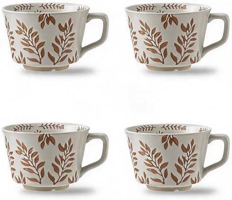 4 Pack 12oz Embossed Leaf Ceramic Coffee Mugs, Vintage Speckled Stoneware Tea Cups, Rustic Brown Spring Leaf Large Drinking Mugs, Microwave & Dishwasher Safe, Farmhouse Kitchen Decor, Gift Set