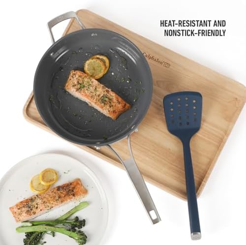 Calphalon Edge Silicone Slotted Turner, Flexible Silicone Slotted Spatula with Reinforced Core, Heat-Resistant Nonstick-Safe Turner for Draining, Navy