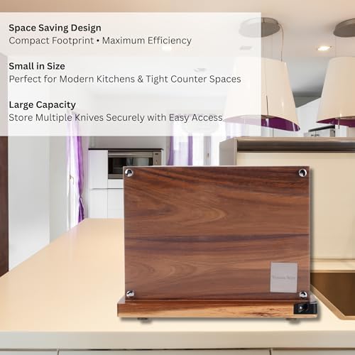 Acacia Wood Magnetic Knife Block with Double Sided Acrylic Shield, Freestanding Countertop Knife Holder Without Knives, Holds 10-12 Knives, Space Saving Kitchen Organizer