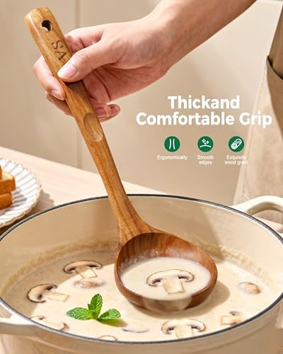 RAVS Wooden Ladle for Soup, 100% Natural Acacia Wood with 12.4″ Long Handle, No-Scratch Cookware Surface, Wooden Soup Ladle for Cooking, Gravy, Sauce, Porridge