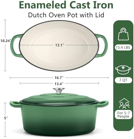 TeamFar 7QT Oval Dutch Oven, Enameled Cast Iron Dutch Oven Pot with Lid