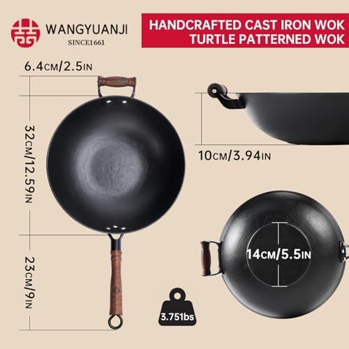 WANGYUANJI 12.6" Cast Iron Wok with Glass Lid, Flat Bottom