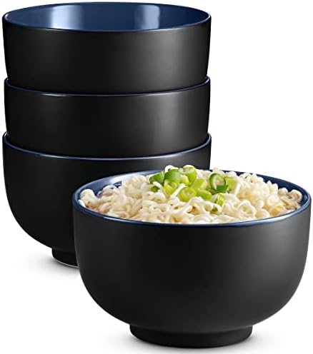 KooK Ramen Bowl, Japanese Bowls, Noodle Bowls, Large Soup Bowl, Ceramic, Large Capacity, For Ramen, Pho, Udon, Soba, Microwave and Dishwasher Safe, 34 oz, Set of 4 (Black/Navy)