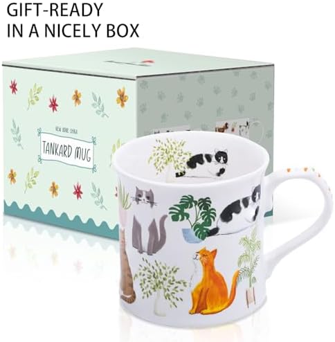 Cute Cats & Plants Coffee Mug - 12 oz Fine New Bone China Coffee Tea Cup with Kitten Design, Cat Mom Gifts for Women, Holiday Gift for Cat Lovers & Friends, Designed in England by Harvest Green Studio