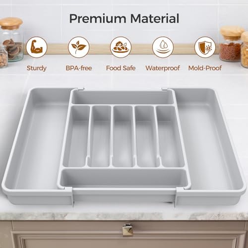 ukeetap Extra Large Expandable Silverware Organizer, Flatware Tray,Gray