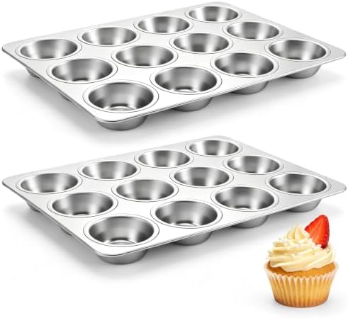 Onader Stainless Steel Muffin Pan Tin 12-Cup, 2 Pack Cupcake Pan for Baking