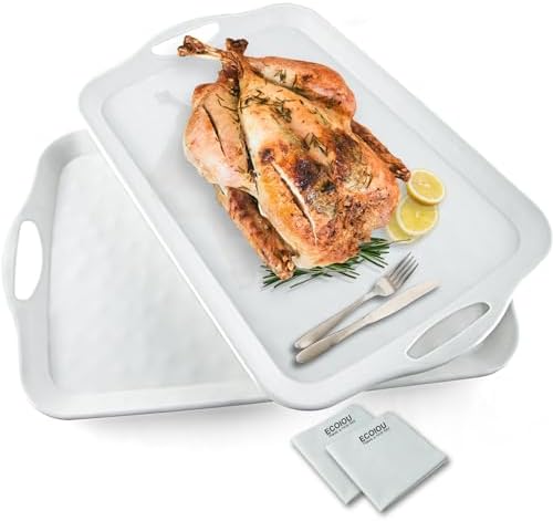 ECOIOU Extra Large Serving Tray with Handles, 20x13 inch, Set of 2 Melamine Platters for Serving Food, Turkey, Cookie, Rectangular Trays for Eating, Raised Dots Matt Finished, Dishwasher Safe, White
