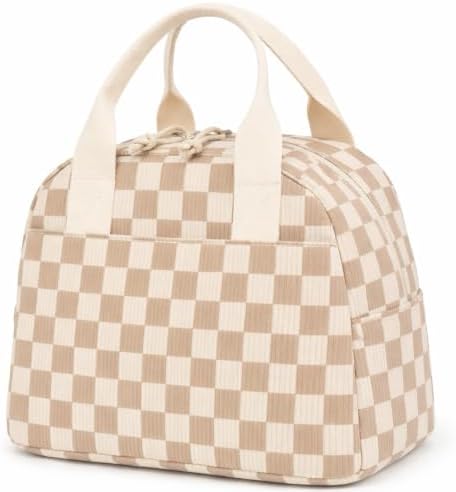 LOVELYWIND Lunch Box for Women, Insulated Lunch Bag,Beige Checkered Tote