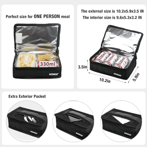 Aosbos Small Insulated Lunch Bag,Compact Black Lunch Box For Work