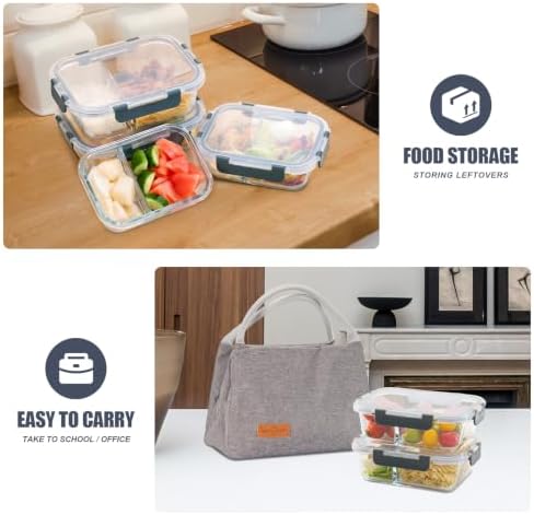 2 & 3 Compartment Glass Meal Prep Containers 6 Pack, 34oz Lunch Containers