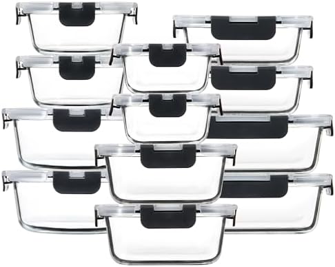 FAWLES 12 Pack Glass Meal Prep Containers with Airtight Lids, Leak-Proof Food Storage Containers, Dishwasher/Microwave/Oven/Freezer Safe Glass Containers for Lunch, Leftovers, to Go (Grey)