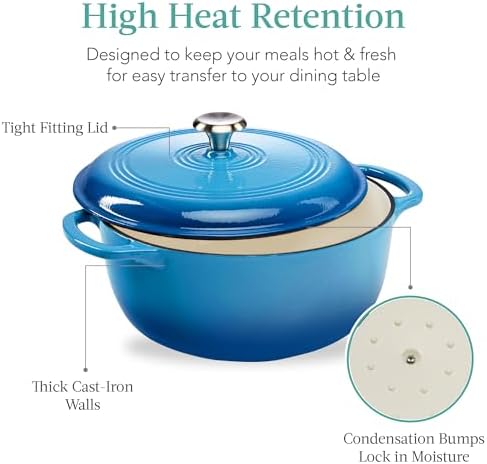 Best Choice Products 6 Quart Enamel Cast-Iron Round Dutch Oven, Family Style Heavy-Duty Pre-Seasoned Cookware for Home, Kitchen, Dining Room, Oven Safe w/Lid, Dual Handles - Blue