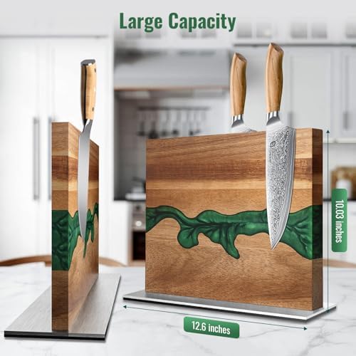 Magnetic Knife Block with Sharpening Stone and Stainless Steel Magnetic Knife Strip, Emojoy Double Side Magnetic Knife Holder, Acacia Wood Knife Block and Green Resin