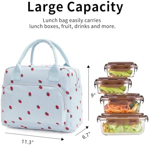 Lunch Bag Women Lunch Box for Women Adult Cute Insulated Lunch Bag Lager Cooler Lunch Tote Bags for Work Picnic (Blue-Strawberry)