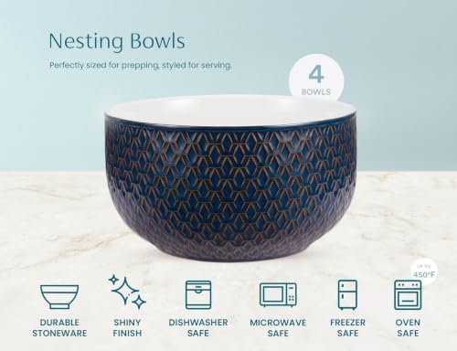 KooK Ceramic Nesting Bowls, Embossed, Oven Safe, Set of 4, Midnight Blue