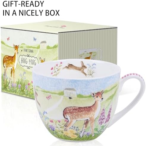 20 oz Deer & Wildflower Coffee Mug, Premium Bone China Cottage Garden Coffee Cup with Rabbit & Butterfly, Thoughtful Gifts for Mom Women Mothers Day, Designed in England by Harvest Green Studio