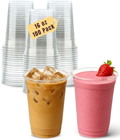 Aatriet 100 Pack 16 oz Clear Plastic Cups, 16oz Clear Disposable Punch Cups Wine Glasses, Sturdy Recylable Small Drinking Cup for Wedding Party, Cocktail Cup, Plastic Tumblers for Cold Drinks