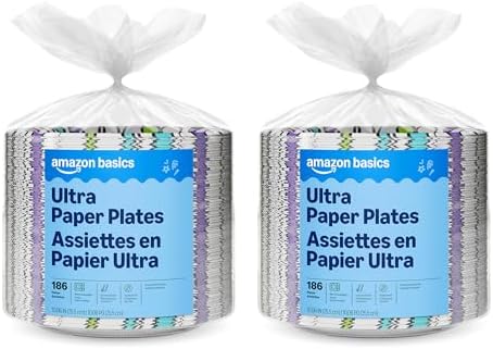 Amazon Basics Ultra Paper Plates, 10 Inch, Disposable, 372 Count (2 Pack of 186), Packaging May Vary