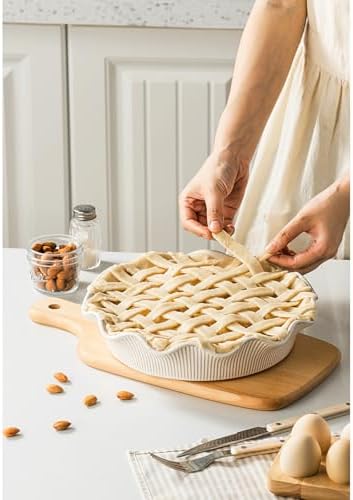 Ceramic Deep Pie Pan for Baking, 11 inch Porcelain Pie Dish for Apple Pie, Oven & Dishwasher Safe, Farmhouse Decor, 48 Ounce Deep Plate for Kitchen, Non-Stick Pie Pans, Embossed Stripe