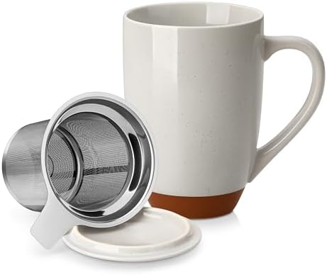 MALACASA Ceramic 18 oz Tea Mug with Lid and Infuser, Khaki Gray