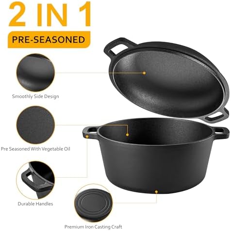 Velaze Cast Iron Dutch Oven with Skillet Lid, 2-in-1 Pre-Seasoned, 5QT