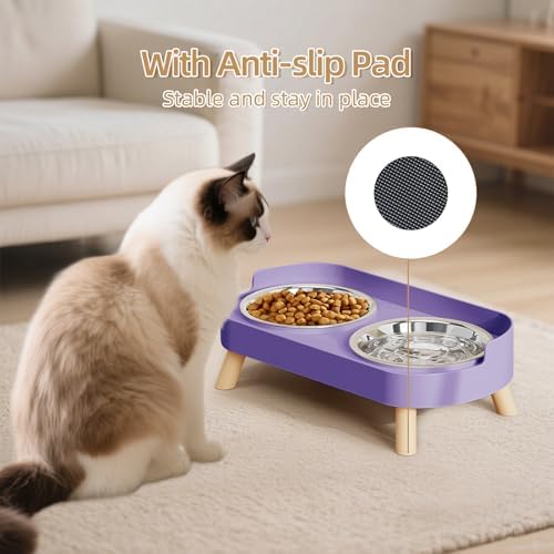 Elevated Cat Bowl, Raised Cat Food and Water Bowl Set for Indoor Cats, Splash Proof with 2 Stainless Steel Pet Food Bowls for Cats and Puppies, Whisker Fatigue and Dishwasher Safe - Purple