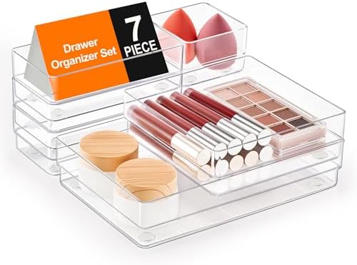 SMARTAKE 7 PCS Drawer Organizer, 4-Size Desk Drawer Organizer Trays