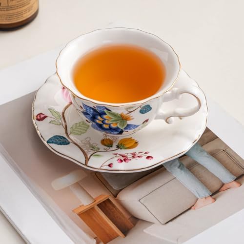Ceramic Tea Cups Coffee Cup and Saucers Set of 4 (Blue and Red)