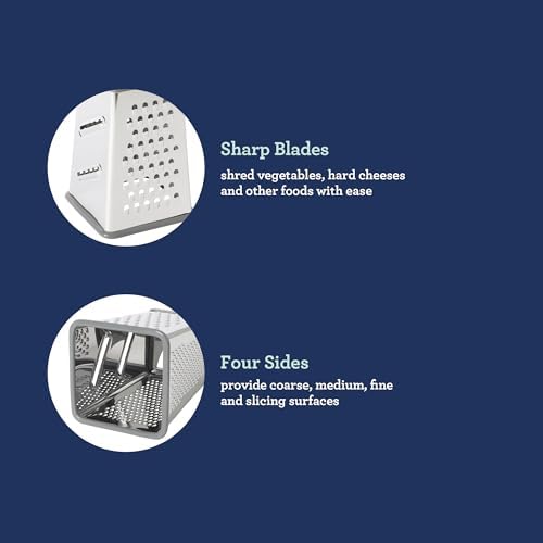 Oster Bluemarine 9-Inch 4-Sided Box Grater – Stainless Steel Cheese and Vegetable Grater, Kitchen Tool for Shredding, Slicing, Grating, Blue/Grey Handle