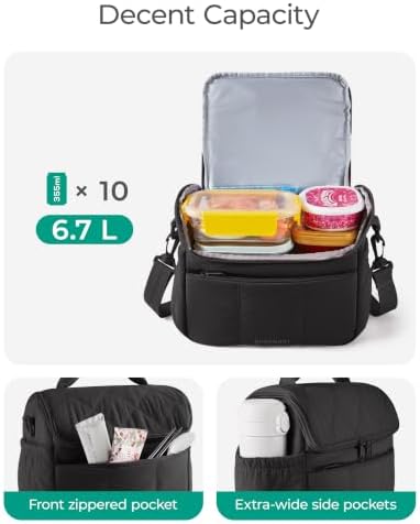 BAGSMART Insulated Lunch Bags for Women, Cute Quilted Lunch Box, Black