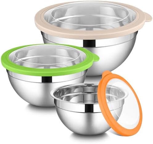 LIANYU Mixing Bowls with Lid Set of 3, Stainless Steel Metal Mixing Bowls