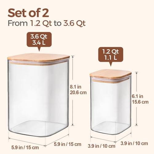 ComSaf Glass Storage Containers with Bamboo Lids 1.2/3.6 Qt 2 Pack