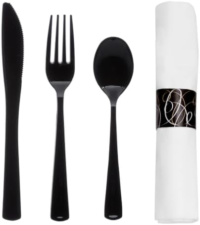 Party Essentials Pre-Rolled Disposable Heavy Duty Plastic Cutlery Kit w/ Black Fork/Knife/Spoon & White Napkin (Case of 100)