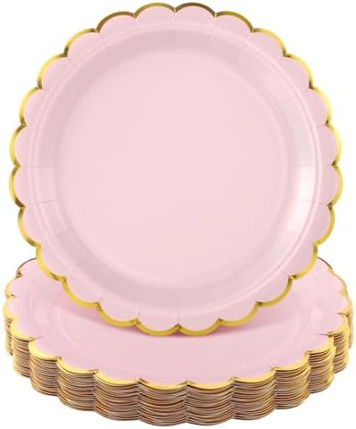NatNarr 30 Pk Pink Gold Plates 9" Disposable Scalloped Pink Paper Plates