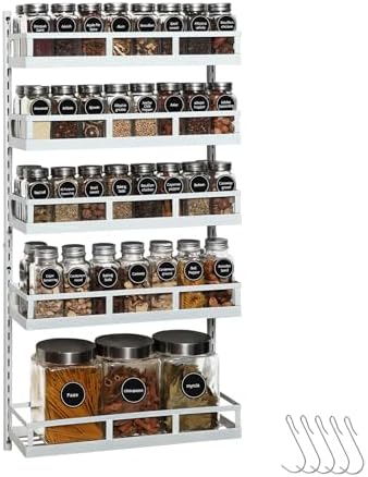 X-cosrack Wall Mount Spice Rack Organizer 5 Tier Height-Adjustable Hanging Spice Shelf Storage for Kitchen Pantry Cabinet Door, Dual-Use Seasoning Holder Rack with Hooks, White